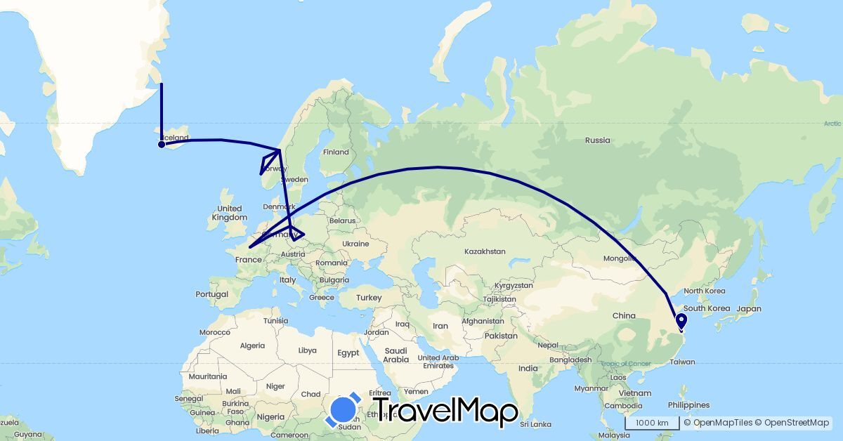 TravelMap itinerary: driving in China, Czech Republic, Germany, France, Greenland, Iceland, Norway, Poland (Asia, Europe, North America)